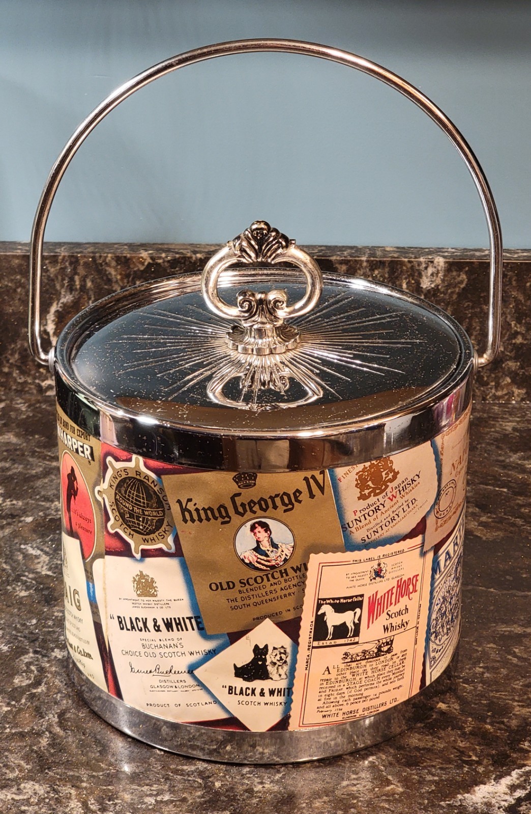 Vintage MCM Whiskey Themed Home Bar Chrome Thermo Lined Ice Bucket Cooler 