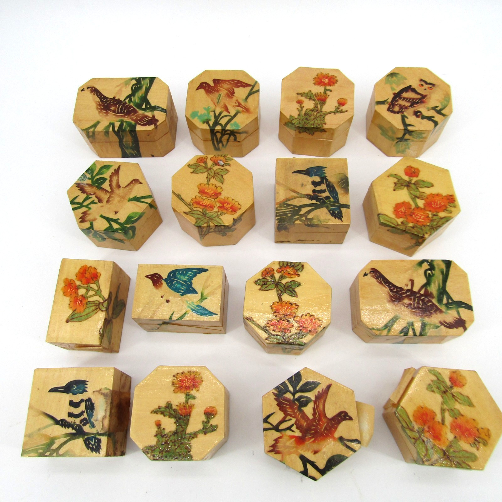 Vintage Chinese Lacquered Wooden Hand Painted Pyrography Trinket Boxes Lot of 16