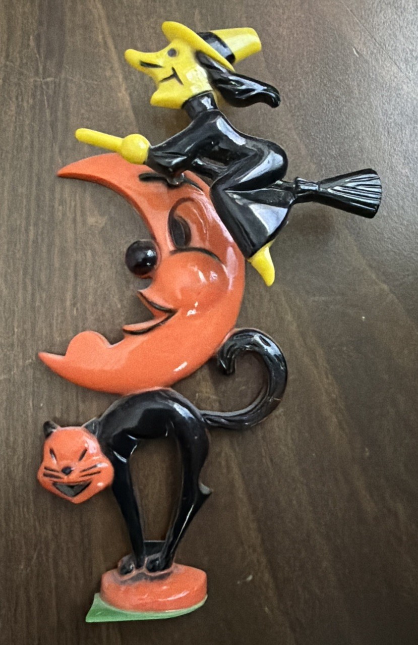 Vtg Rosbro Hard Plastic Halloween Spring Springy Witch Moon Black Cat *As Is*