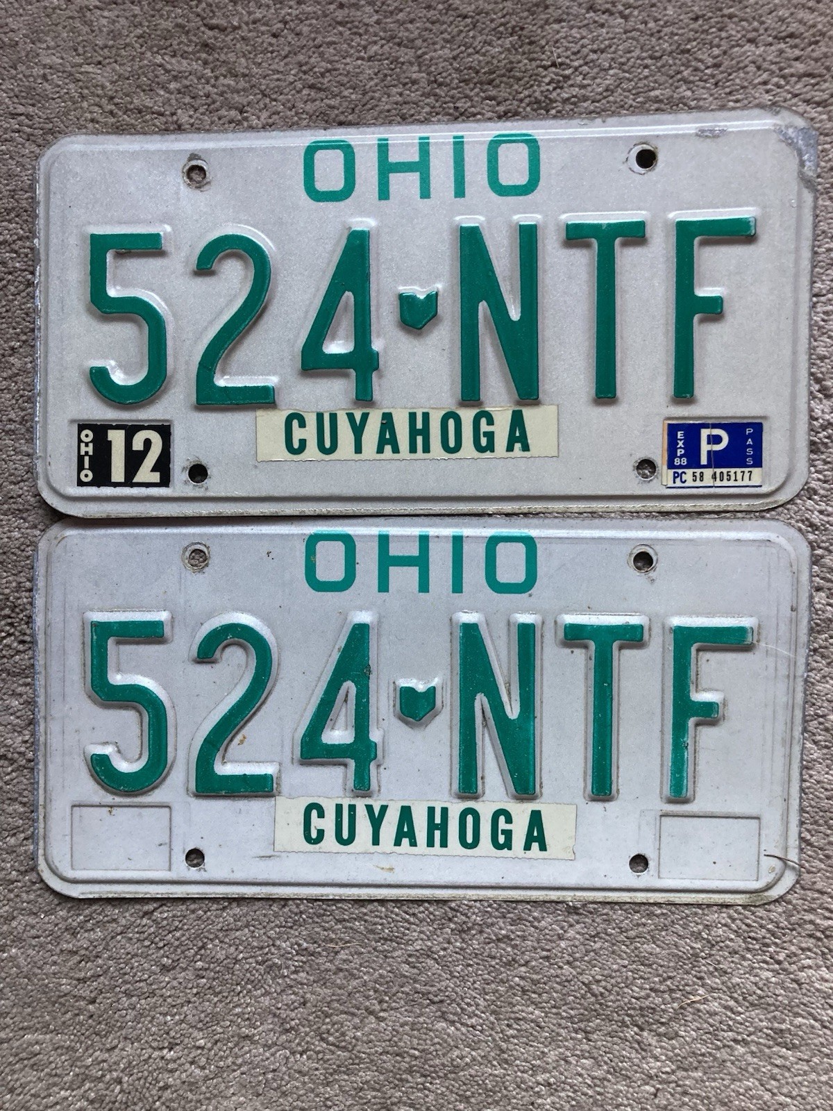 Pair of 1988 Ohio License Plates - 524 NTF  - Nice