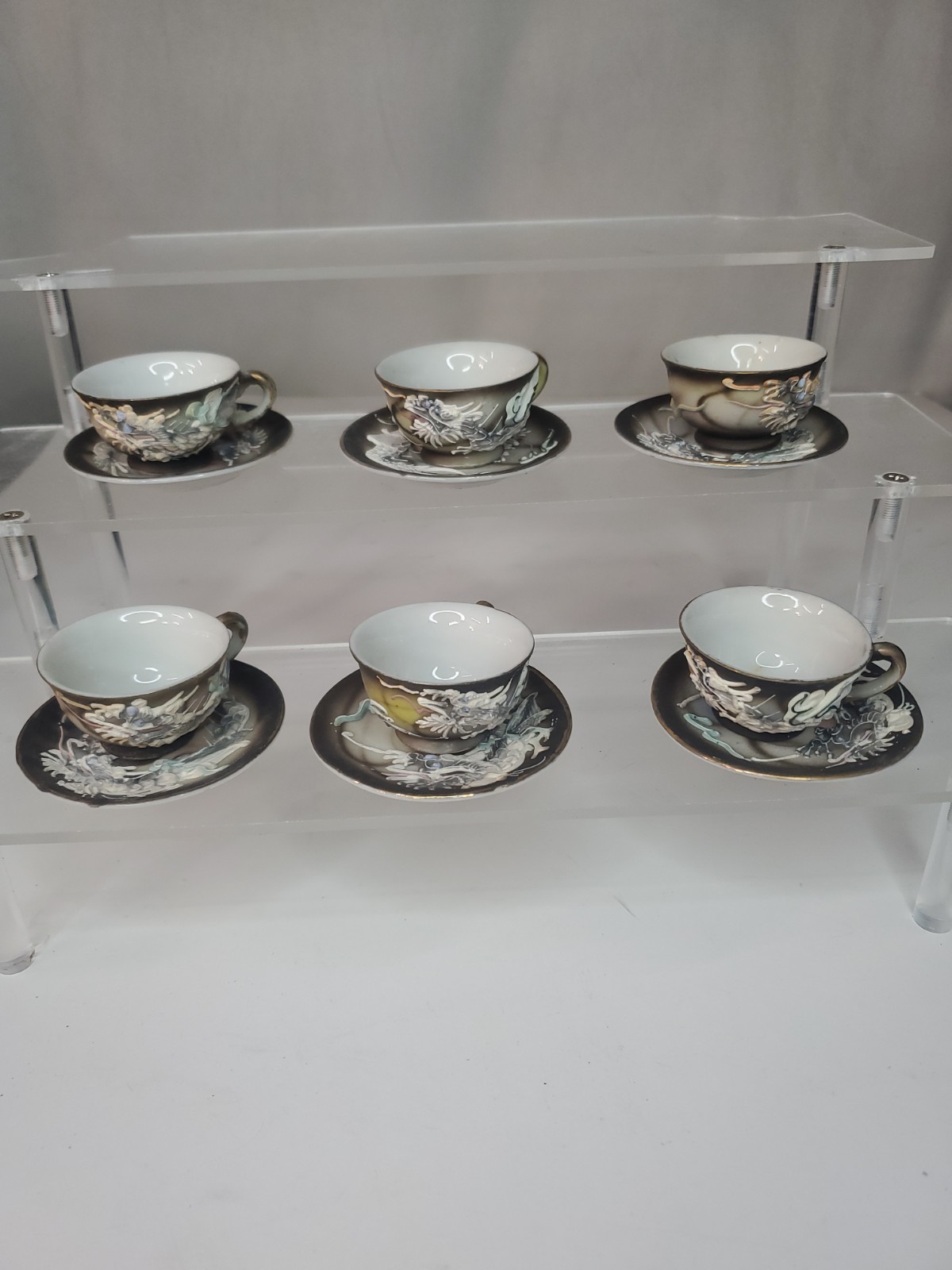 Antique Vtg Occupied Japan Moriage Dragonware Miniature Cups & Saucers PORCELAIN