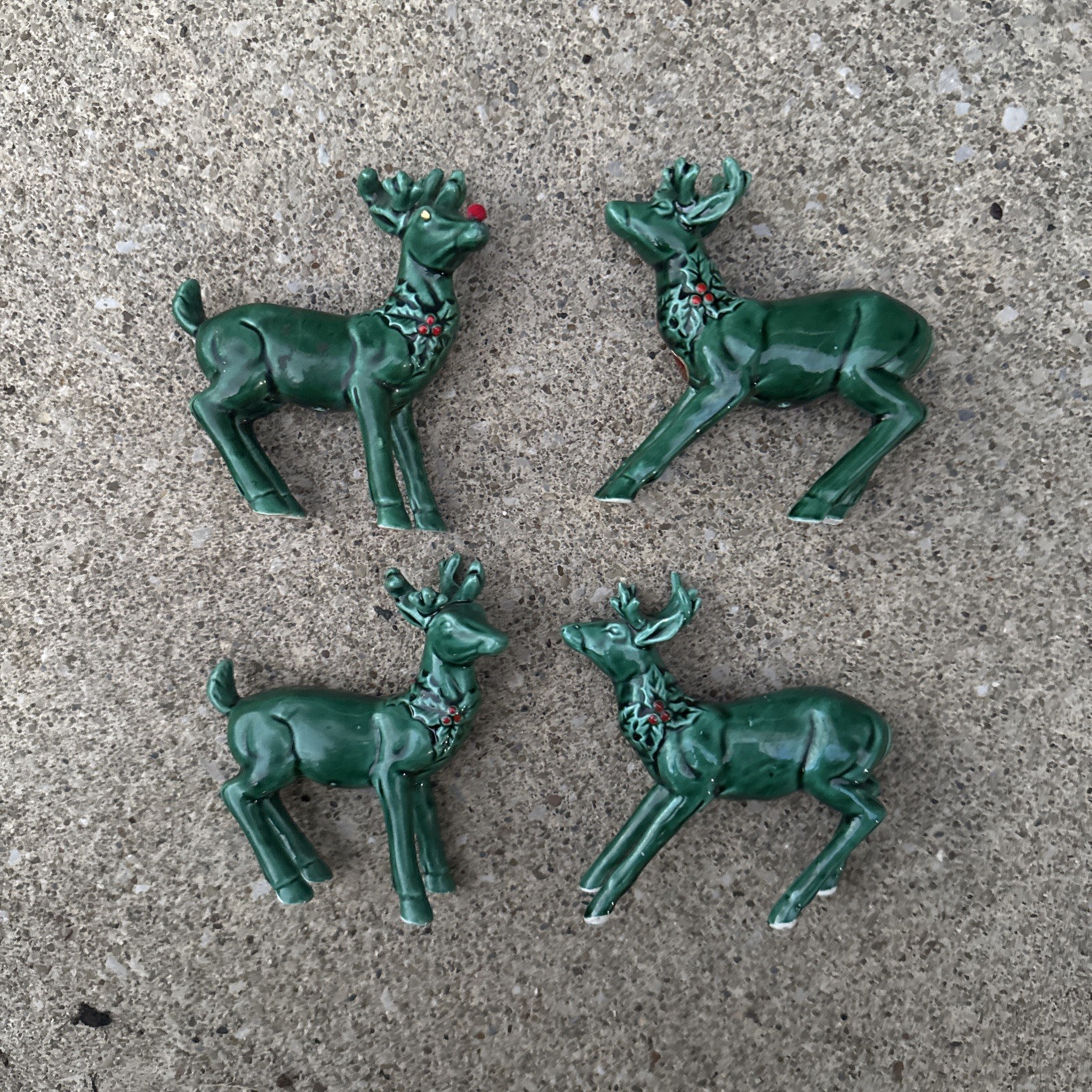 4 vintage Lefton green holly berry reindeer 2 tail up and 2 tail down