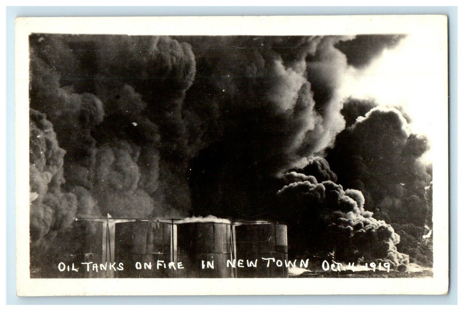 c1910's Oil Tanks On Fire Smoke Newtown Texas TX RPPC Photo Antique Postcard