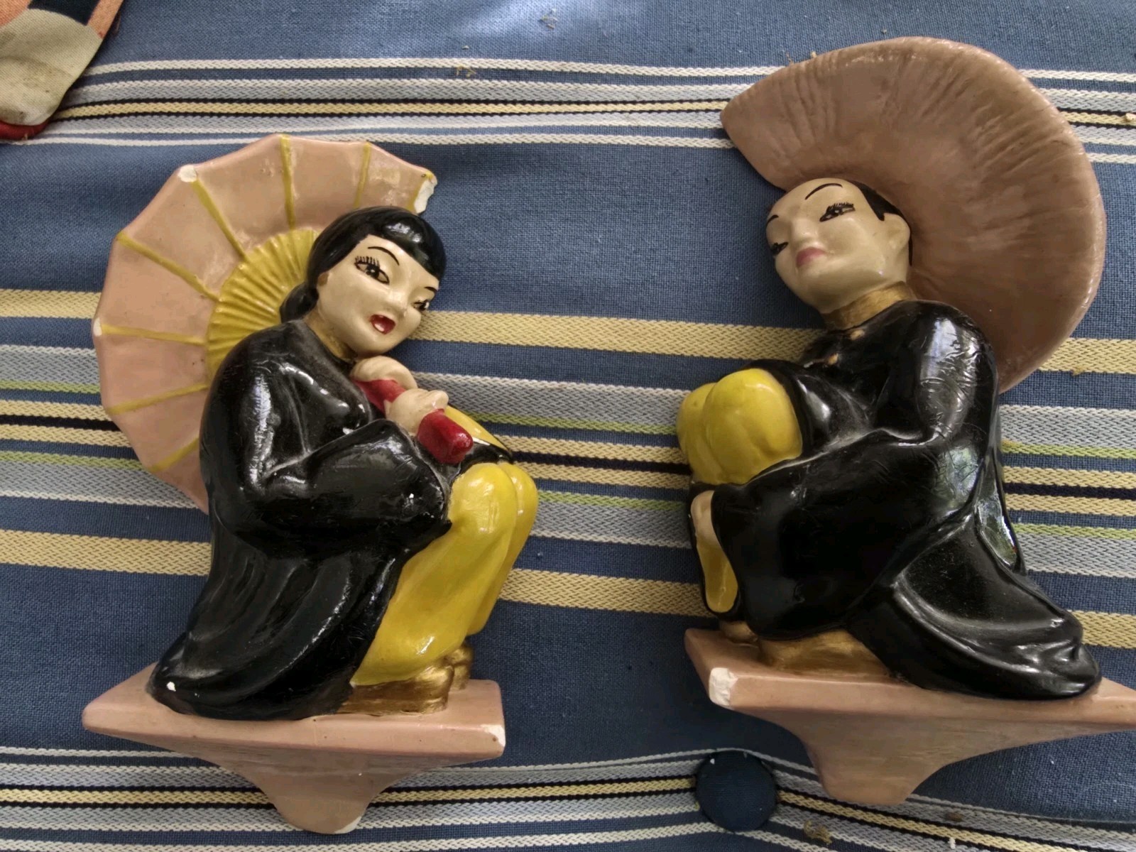 Rare Vintage 50s Chalkware Wall Plaque Set Geisha Head Asian Couple 