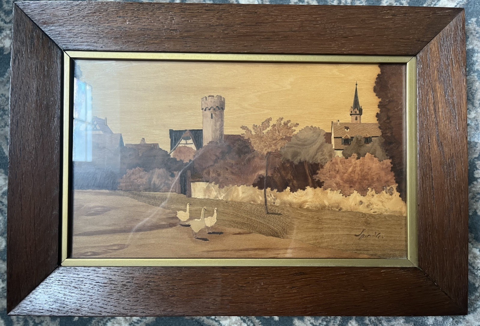 Vintage 1939 Spindler Alsace Wood Marquetry Panel - Obernai Landscape with Geese