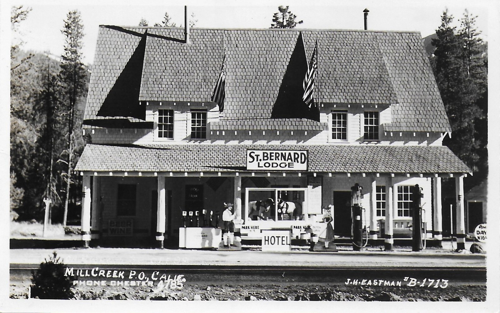 MILL CREEK CALIFORNIA Postcard - St. BERNARD LODGE w GAS STATION Out Front