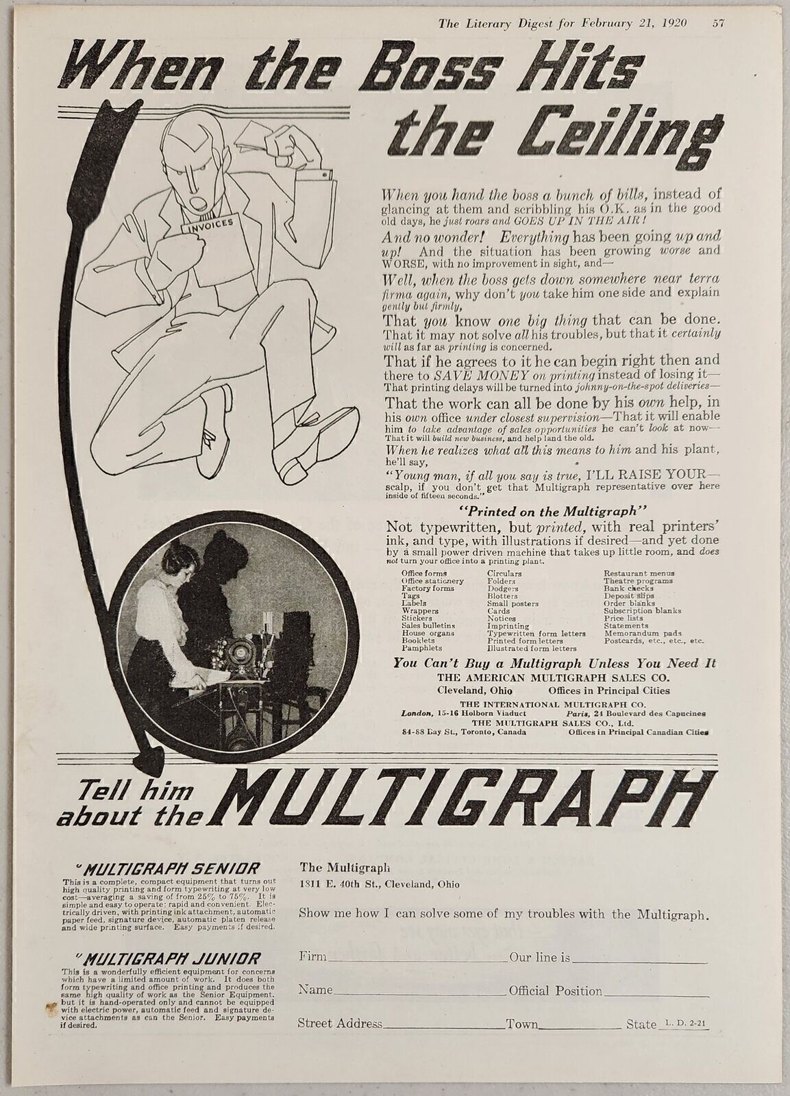 1921 Print Ad Multigraph Printing Machine for the Office Cleveland,Ohio