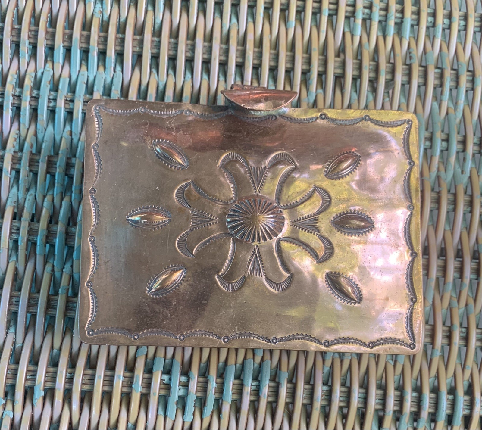 Vtg Harvey Era Native American Navajo Southwest Stamped Copper Trinket Box 