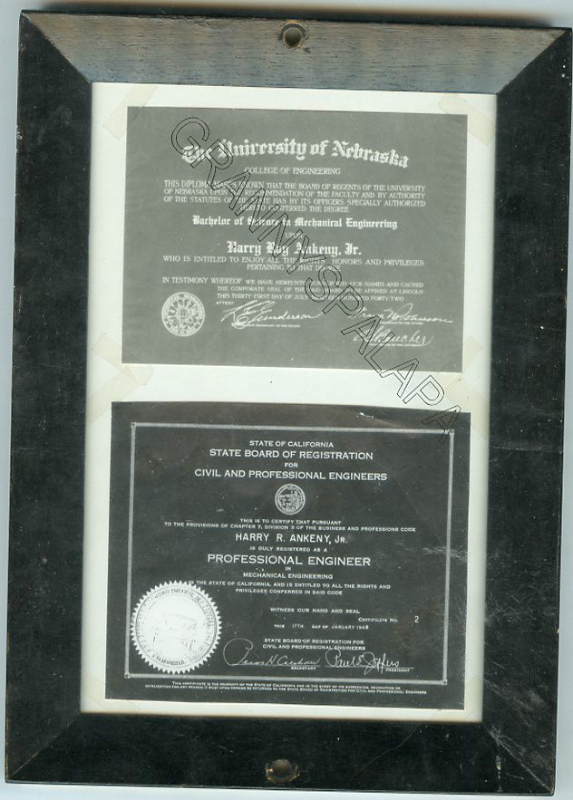1942 & 1948 U Newbraska / Engineer Certificates in frame - ANKENY Family 