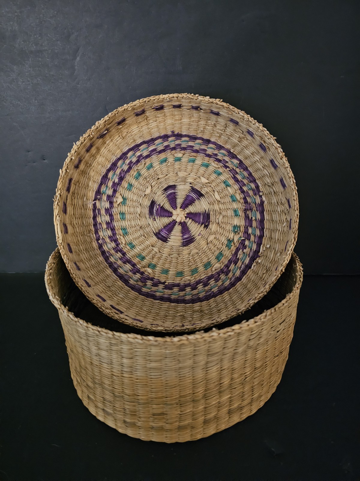 Vintage PNW Native American Makah Lidded Basket Cedar Starburst Pattern 