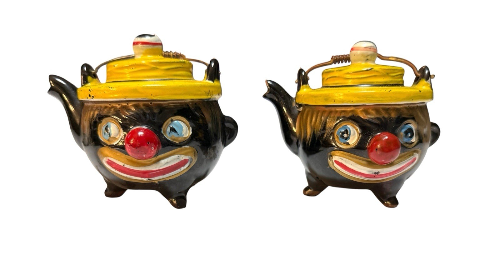 VINTAGE TILSO THAMES RED WARE CLOWN FACE TEAPOTS SALT & PEPPER SHAKERS JAPAN