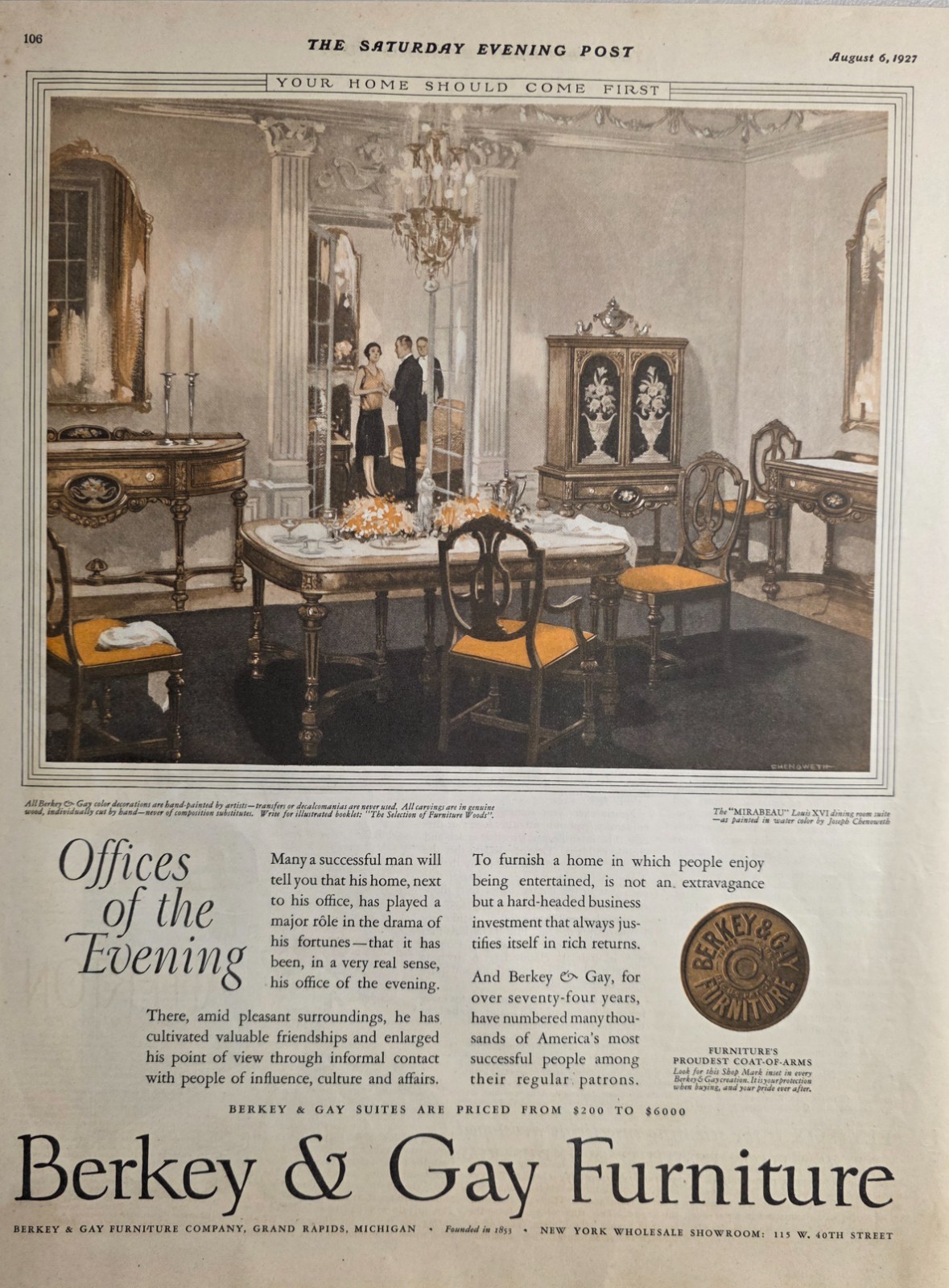 1927 Print Ad Berkey Gay Furniture MIRABEAU Louis XVI Dining Set Grand Rapids,MI