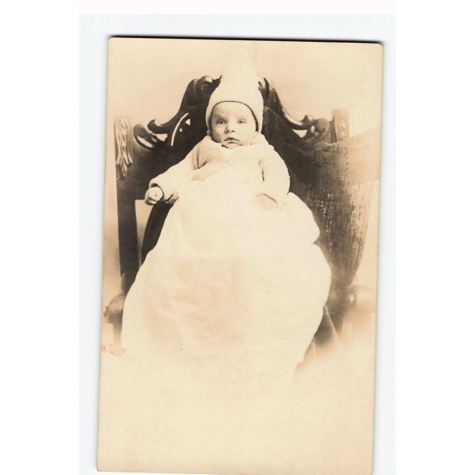 Vintage Real Photo Postcard RPPC Baby Infant in Gown Ornate Chair AZO 1904-1918