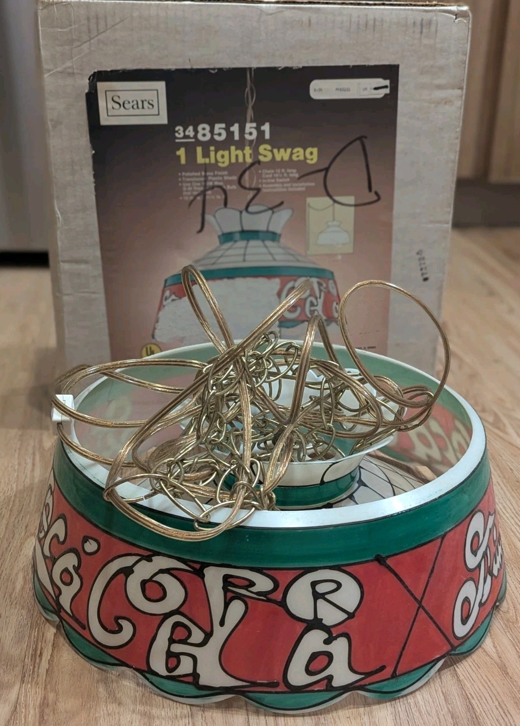 Vintage 70s 80s Sears Coca-Cola Faux Stained Glass Hanging Swag Light Lamp W/Box
