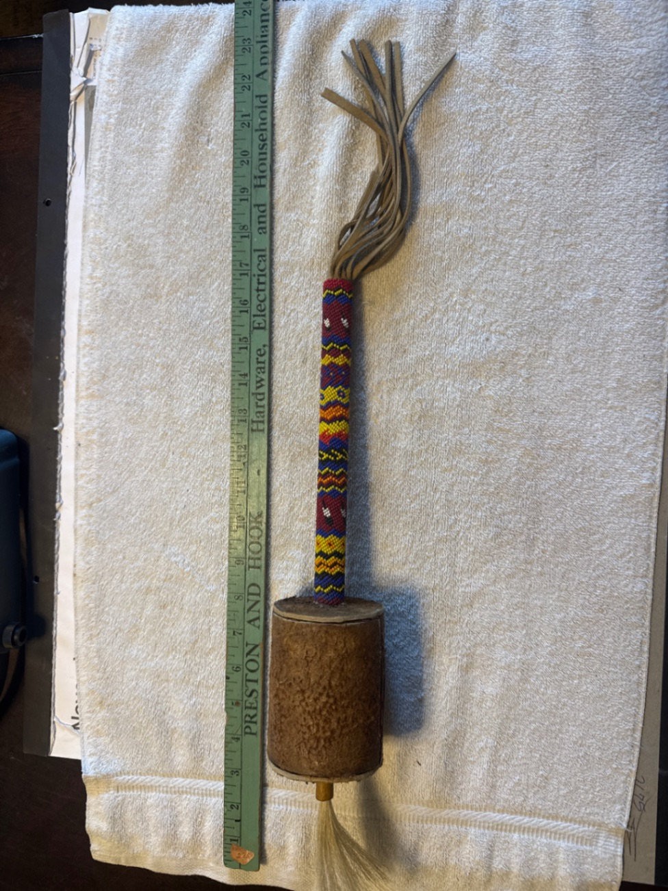 Native American Style Beaded Dance Stick Rattle with Horsehair and Leather Fring
