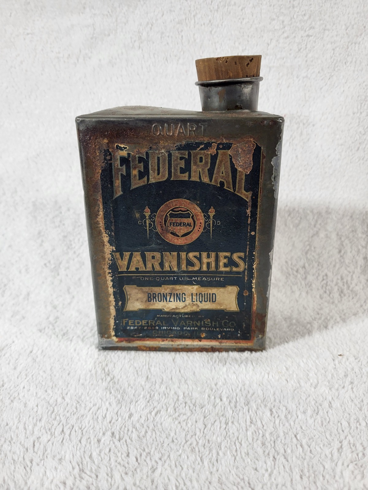 Vintage 1920s Federal Varnishes Bronzing Liquid Can Tin Chicago IL Flat Top Cork