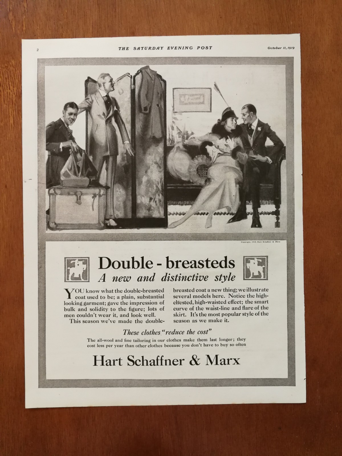 Vintage 1919 Hart Schaffner & Marx Double Breaster Suits Full Page Original Ad
