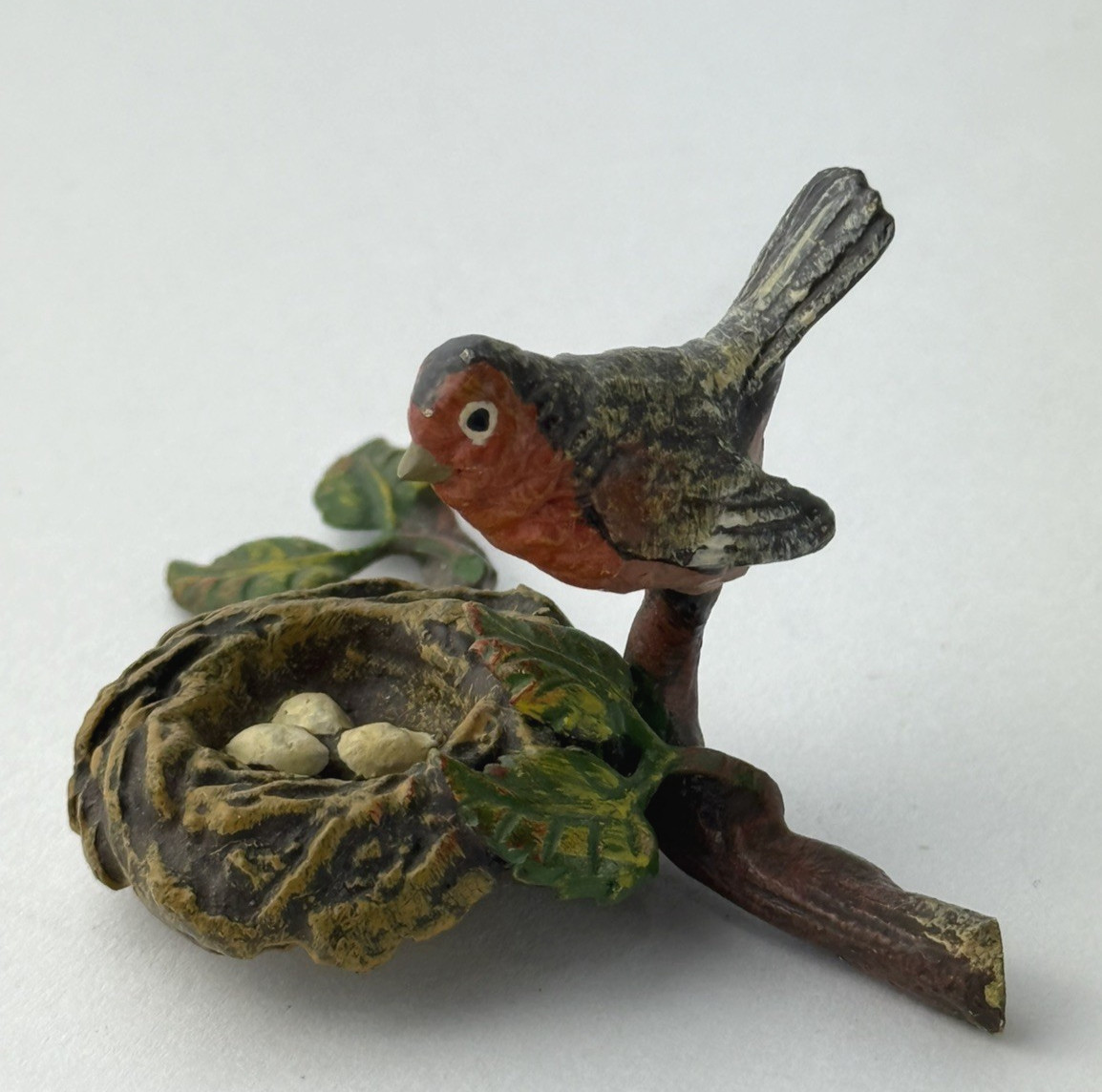 Vienna Bronze Cold Painted Robin With A Nest Miniature Figurine-Rare Vintage