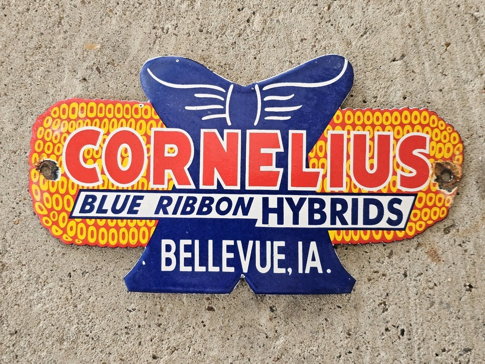 VINTAGE 1950'S CORNELIUS BLUE RIBBON HYBRID PORCELAIN SIGN , BELLEVUE, IA.