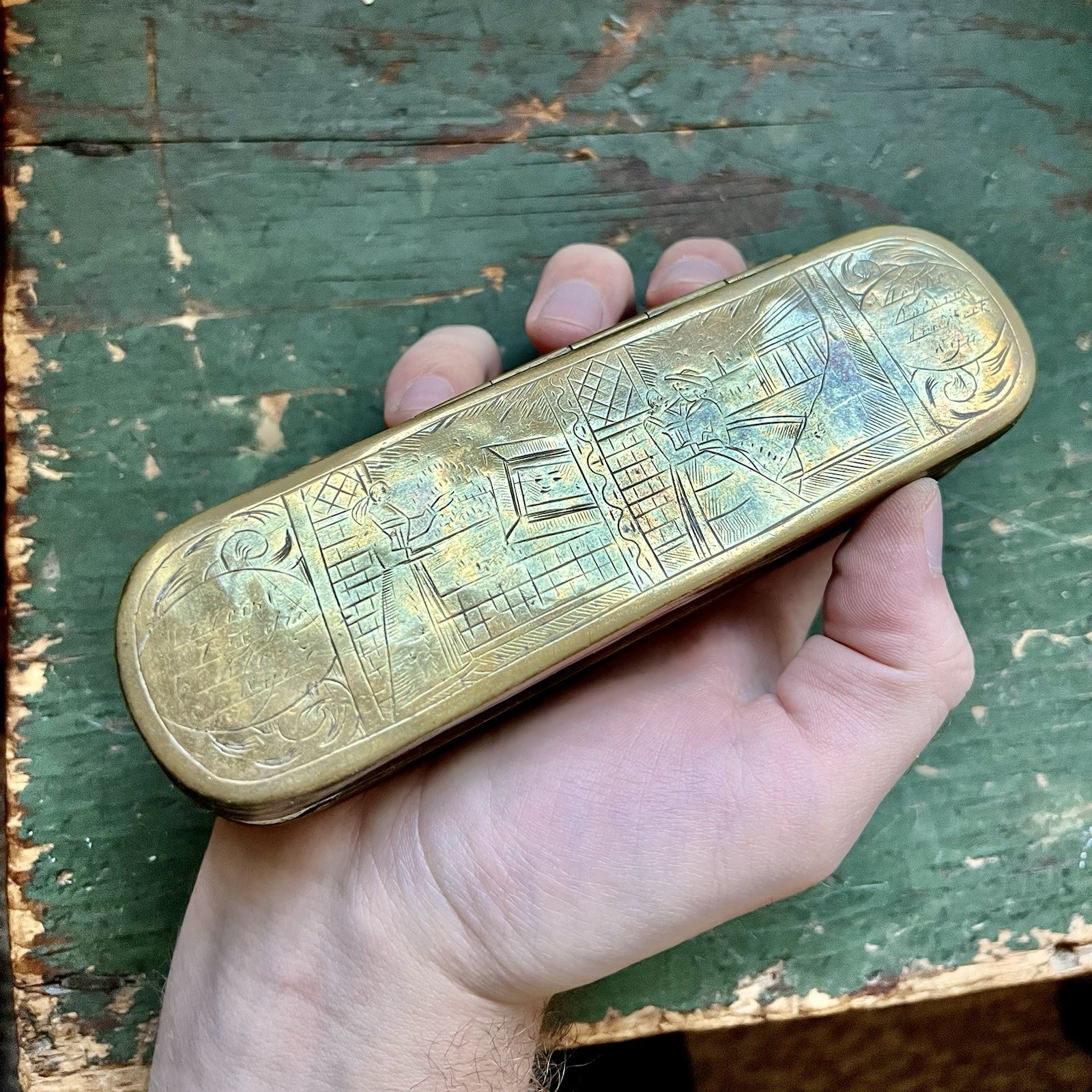 Antique 18th Century Dutch Brass Tobacco Box Intricately Engraved Figural Lovers