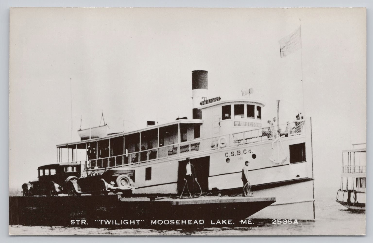 RPPC Steamer TWILIGHT Moosehead Lake ME Vintage Cars Eastern Illustrating