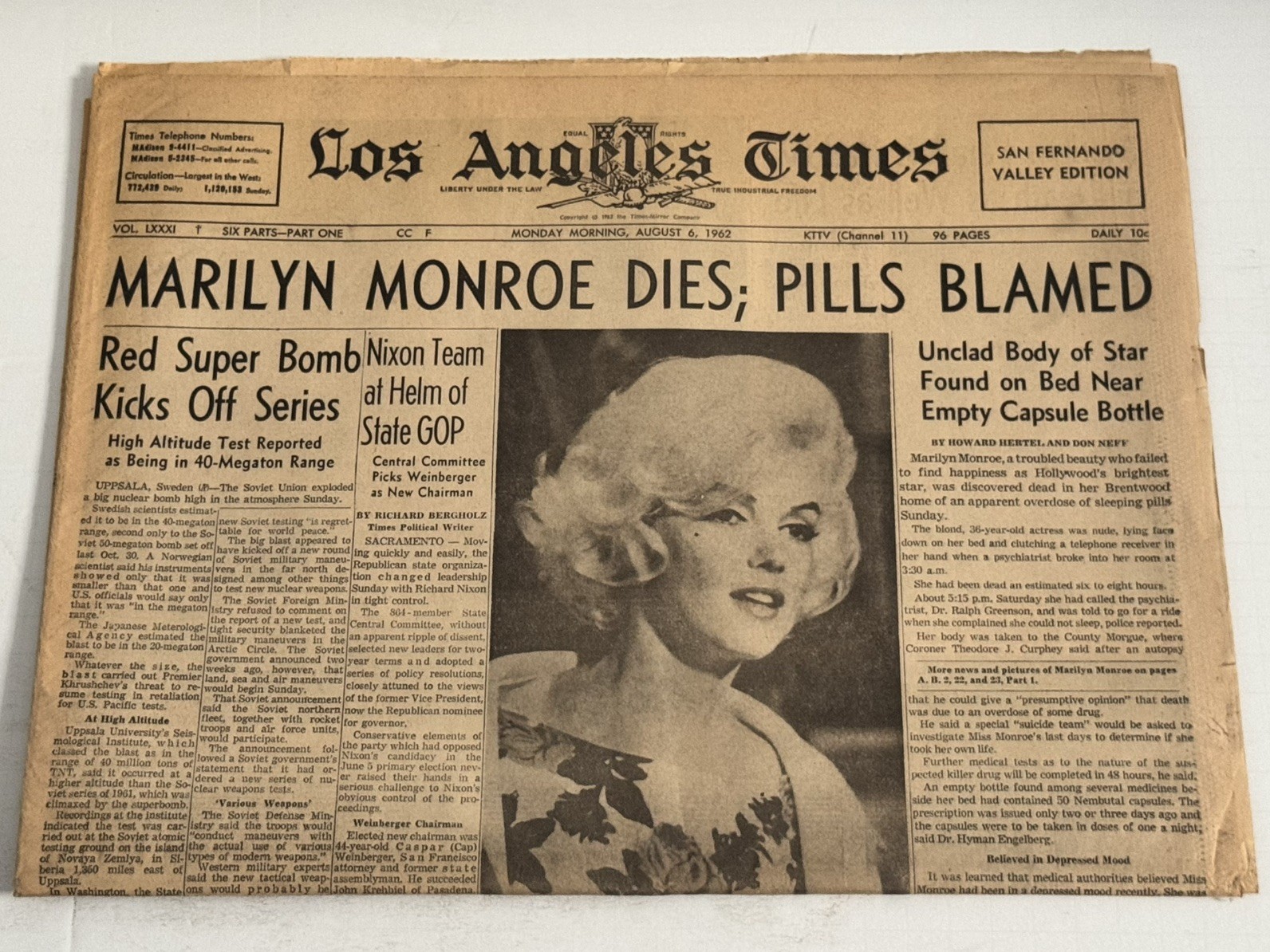 1962 LA Times Marilyn Monroe Dies Newspaper Aug 6 San Fernando Valley Edition