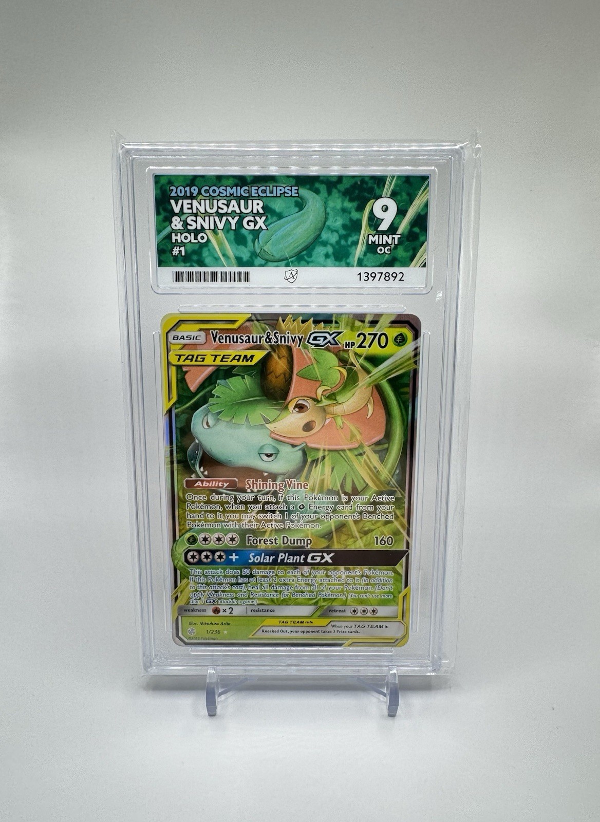 Venusaur & Snivy GX 1/236 Cosmic Eclipse Tag Team Pokemon Card ACE 9 MINT OC