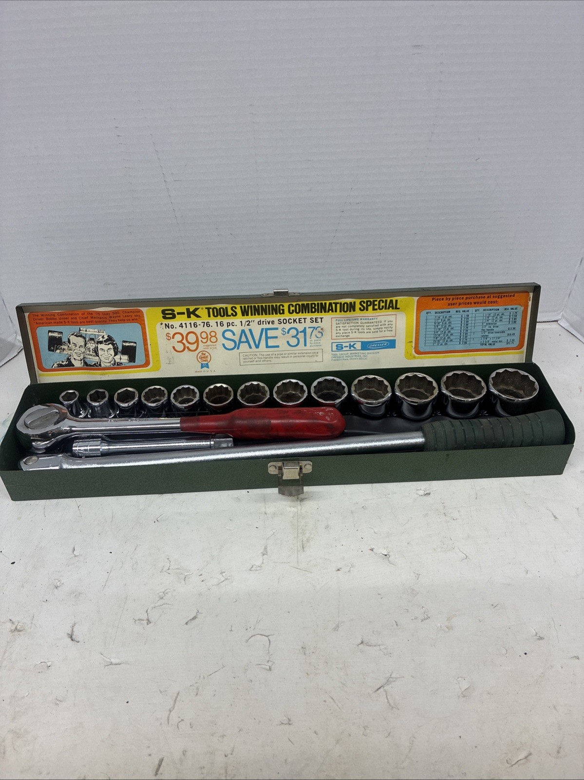 Vtg. 1983 S-K Professional Tools 16 Piece Socket Set 1/2