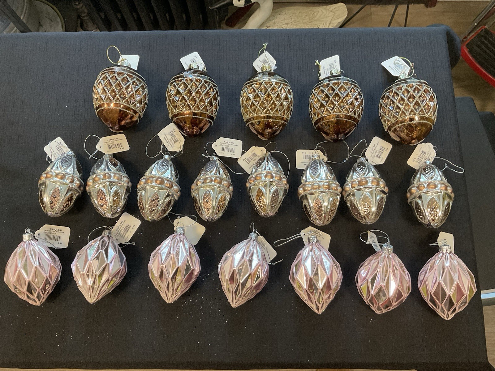 NWT Vintage 2010 Lot (20) PASQUESI Pink And Brown Blown Glass Xmas Ornaments