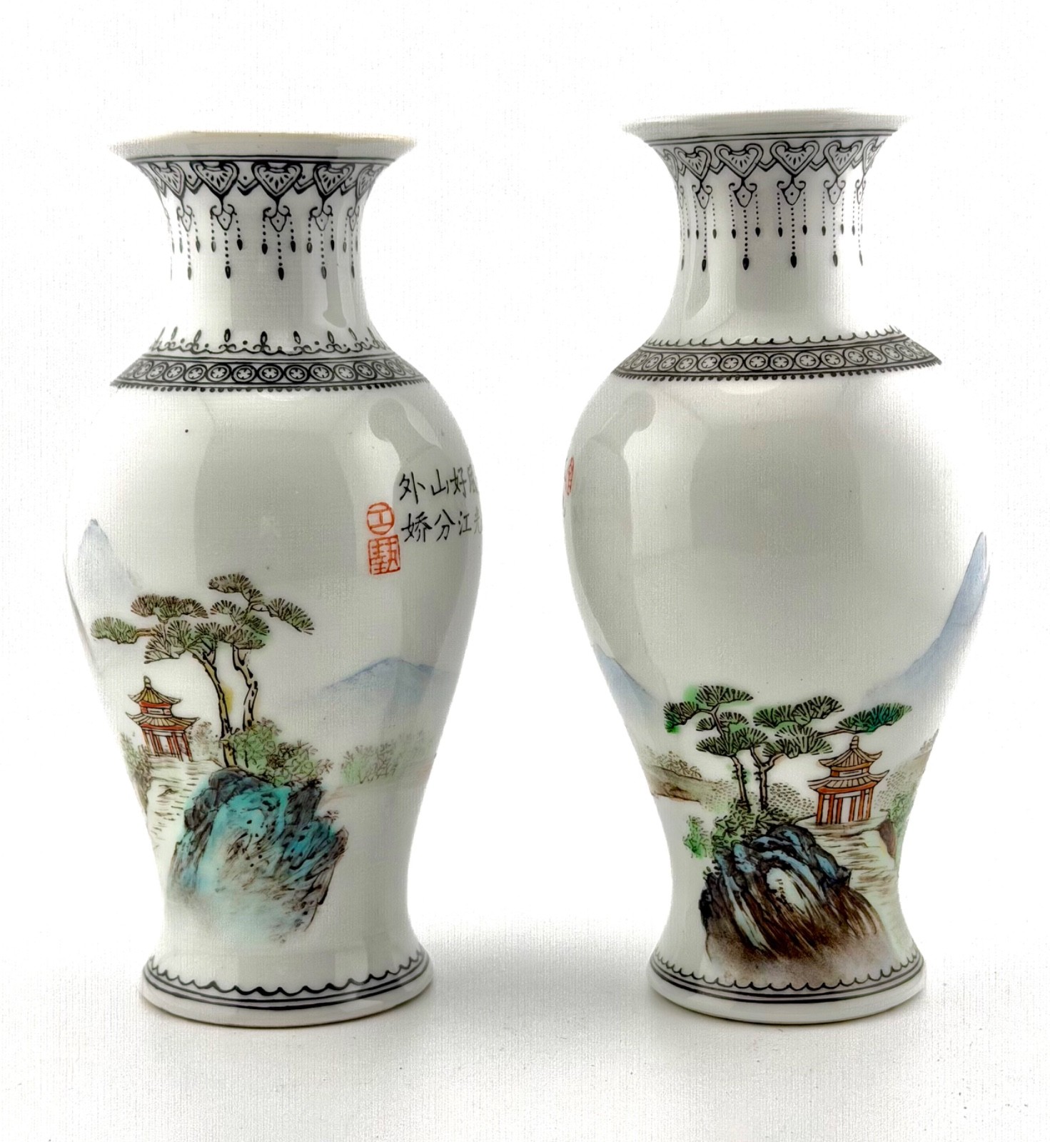 Two Vintage Chinese Porcelain Vases: Landscape scene+stand-Beautiful condition