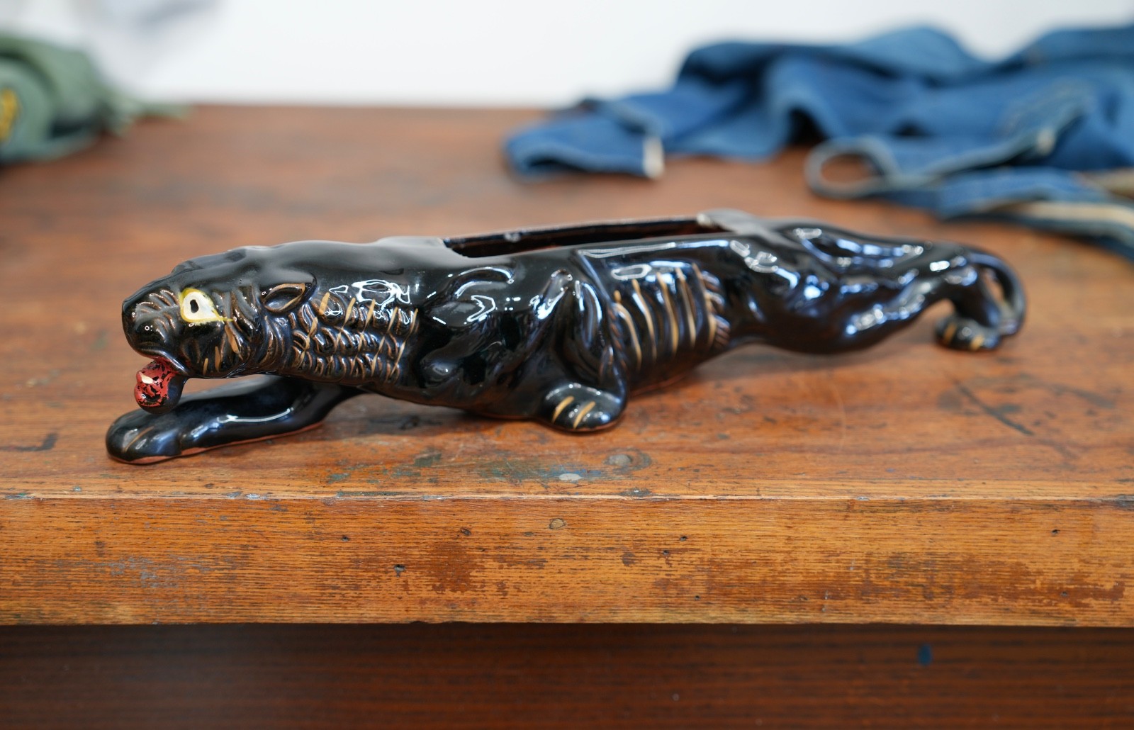 Vintage MCM Black Panther Ceramic TV Lamp Statue Antique