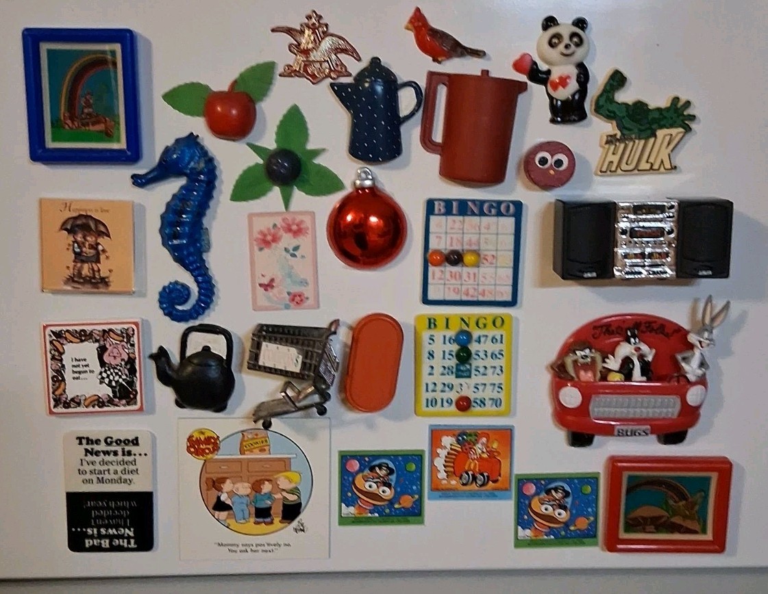 Lot Of 28 Vtg 70s 80s 90s Refrigerator Magnets Acme McDonalds Hulk Kitchen Fruit
