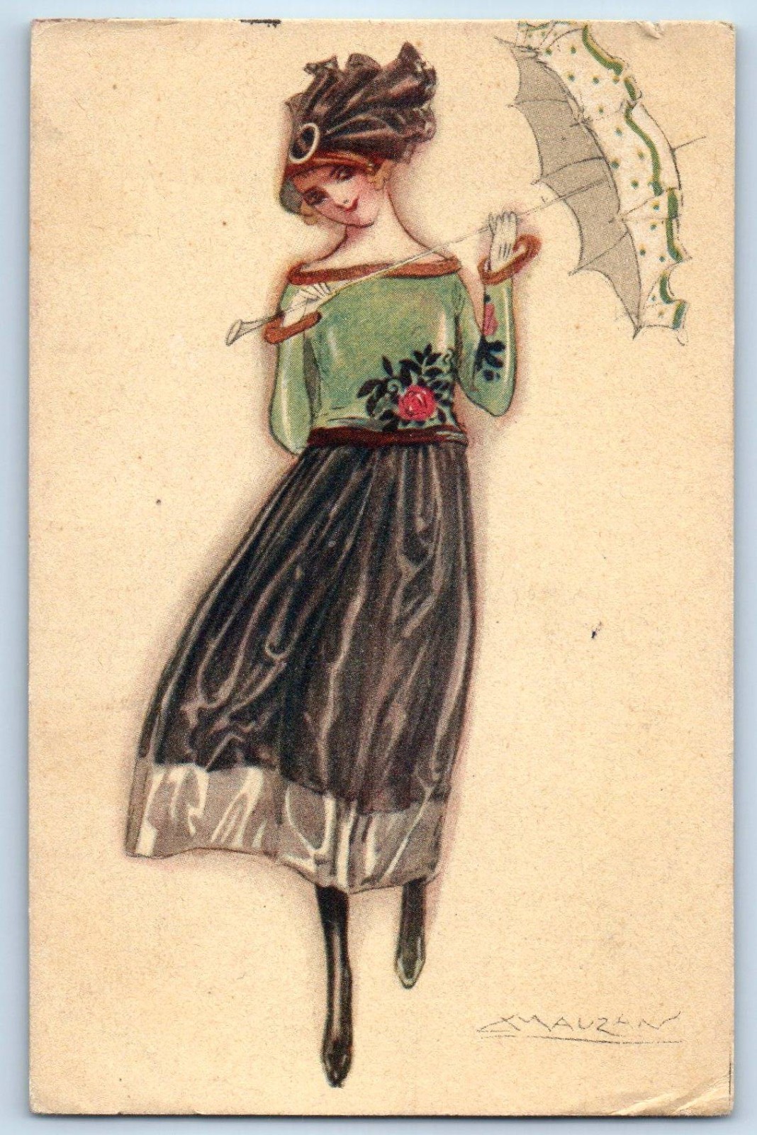c1910's Woman Art Nouveau Signed Artist US Soldier Mail WWI Antique Postcard