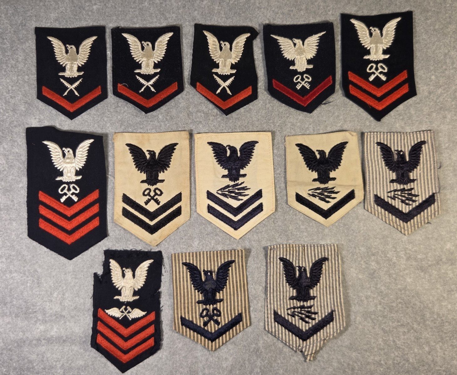 WWII US Navy Enlisted Rating Badge Patch Lot 13pc WAVES Seersucker Khaki Blues