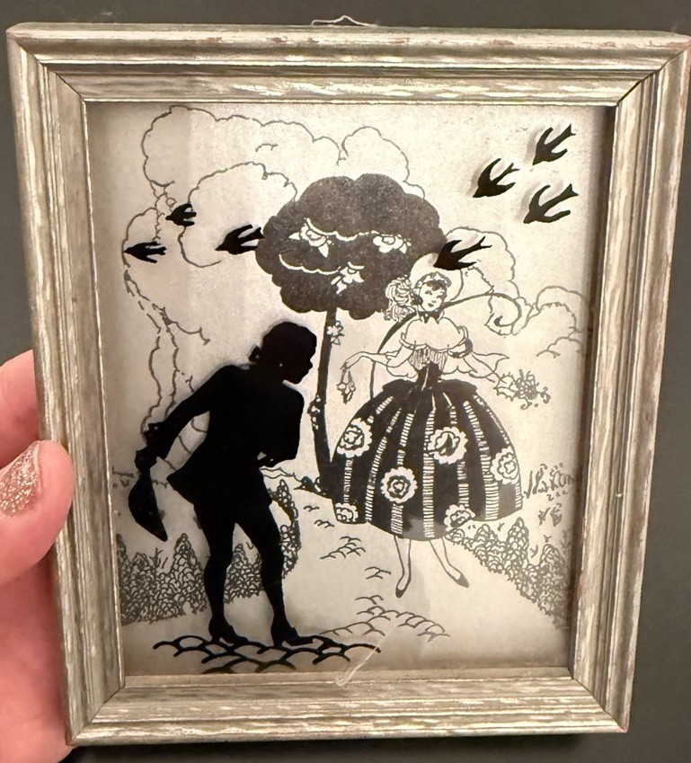 Vtg 1930's Deltex Black Reverse Painted Glass Silhouette Courting Couple Gallant
