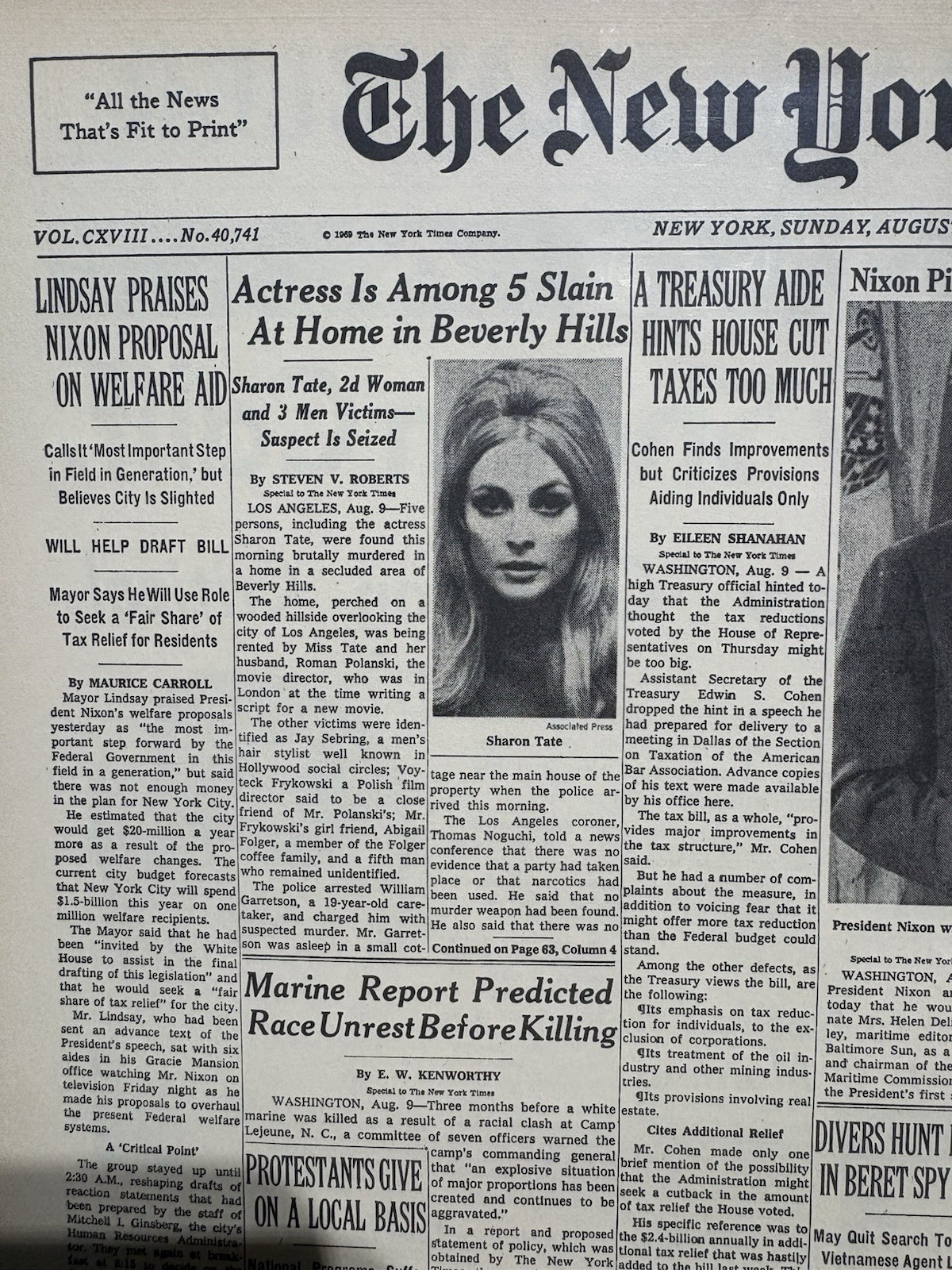 VINTAGE NEWSPAPER HEADLINE ~SHARON TATE AMONG 5 MURDERED BY MANSON FAMILY 1969