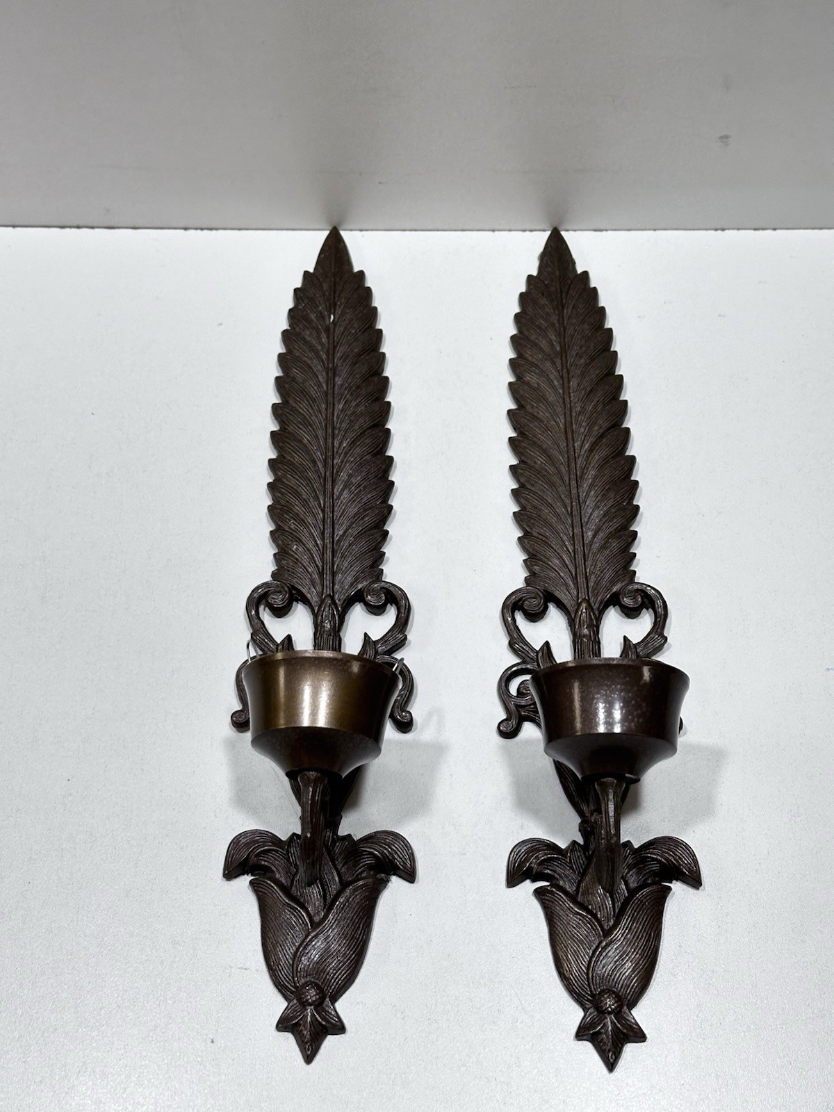 Vintage Pair Brass Wall Scones Hollywood Regency Candle Holder 15.5” Long (2)
