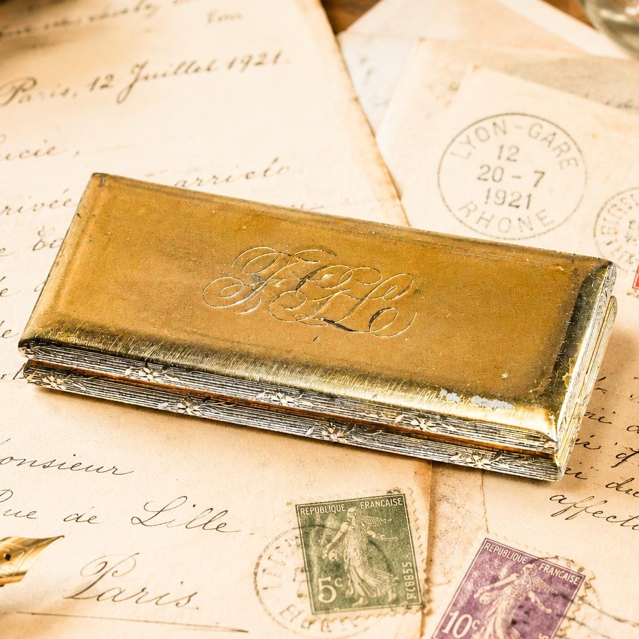Heavy Antique Meriden Stamp Box Gold Gilt Desk Paperweight Accessory