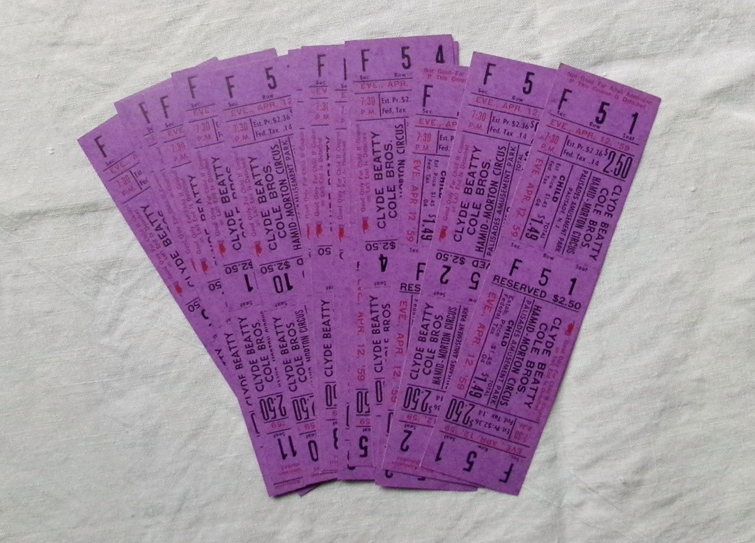 1959 Lot 15 Tickets Palisades Amusement Park Clyde Beatty Cole Bros. Circus NOS