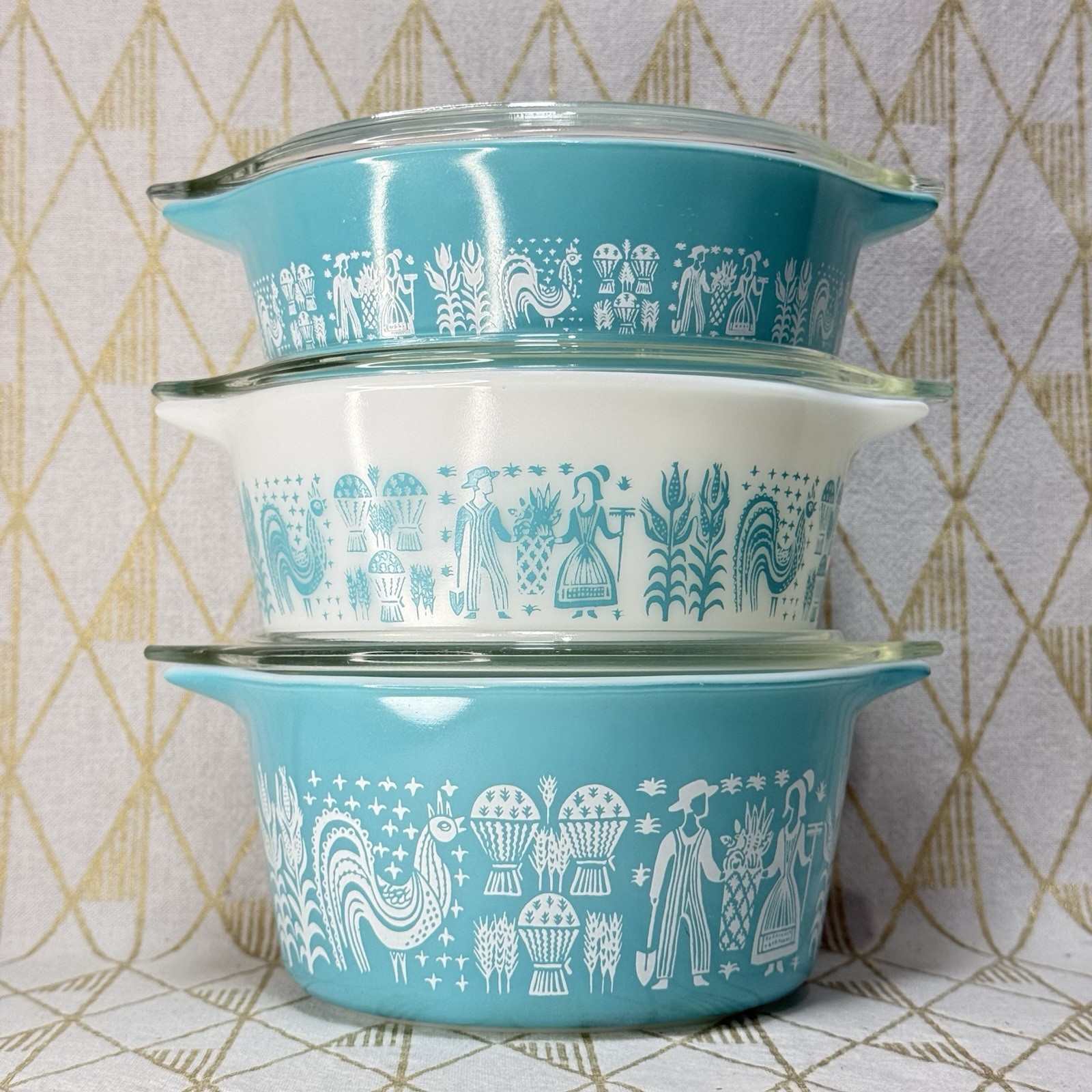 Pyrex Amish Butterprint Turquoise & White 471 472 473 Casserole Set VTG SHINY