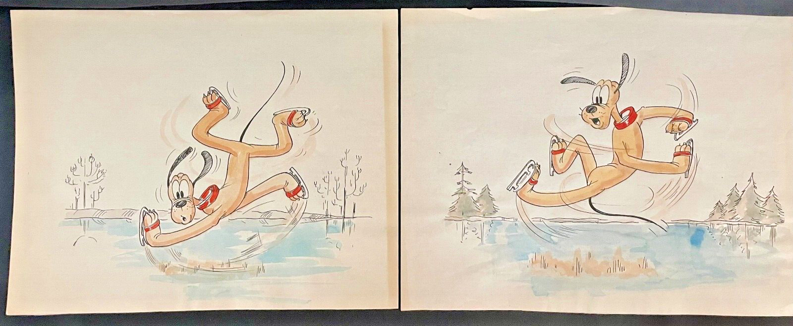 Pair Original 1940's Walt Disney Studios Color Pencil Drawings Pluto Ice Skating