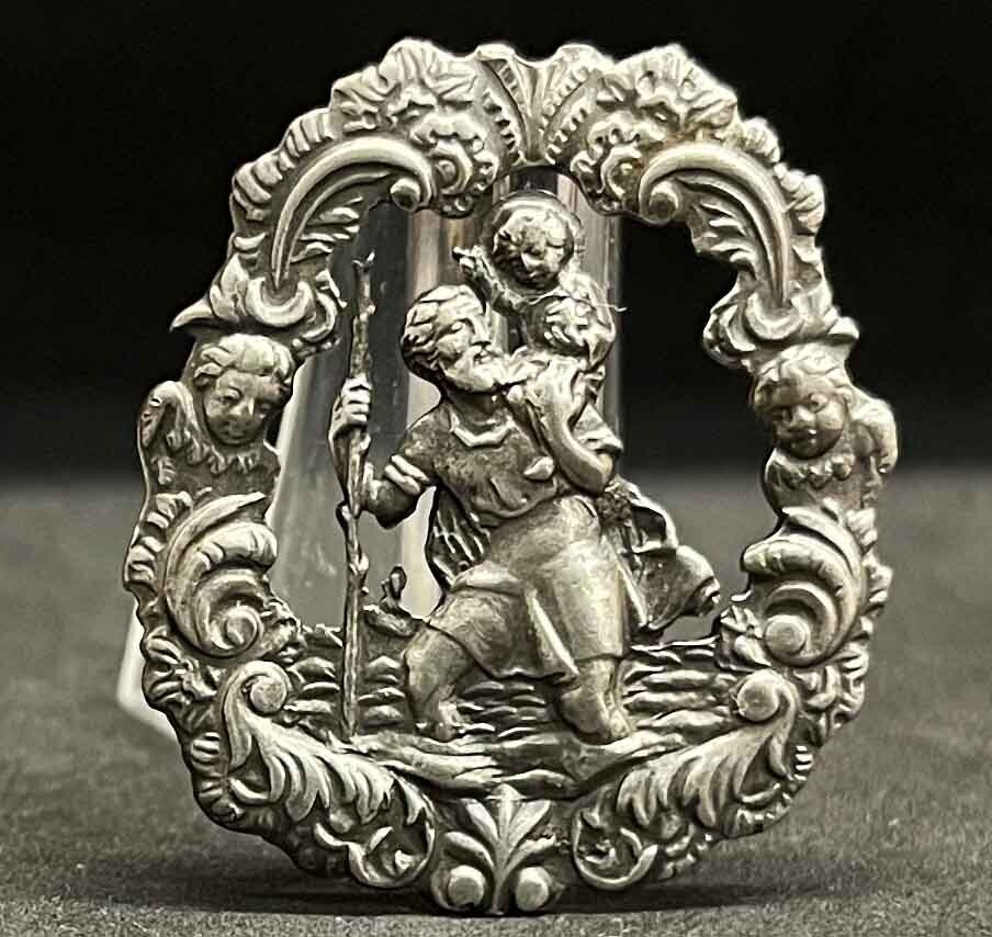 Super antique gorgeous St Christopher openwork cherubs Art Nouveau silver beauty