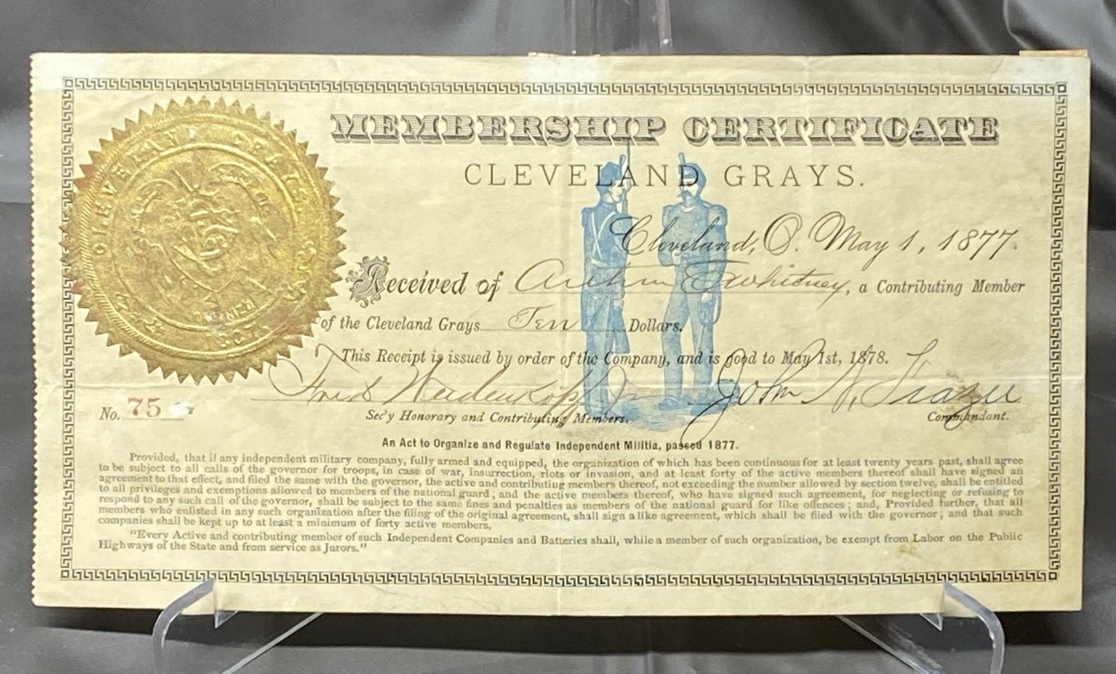 1877 Cleveland Grays Membership Signed Certificate Embossed Ohio Militia
