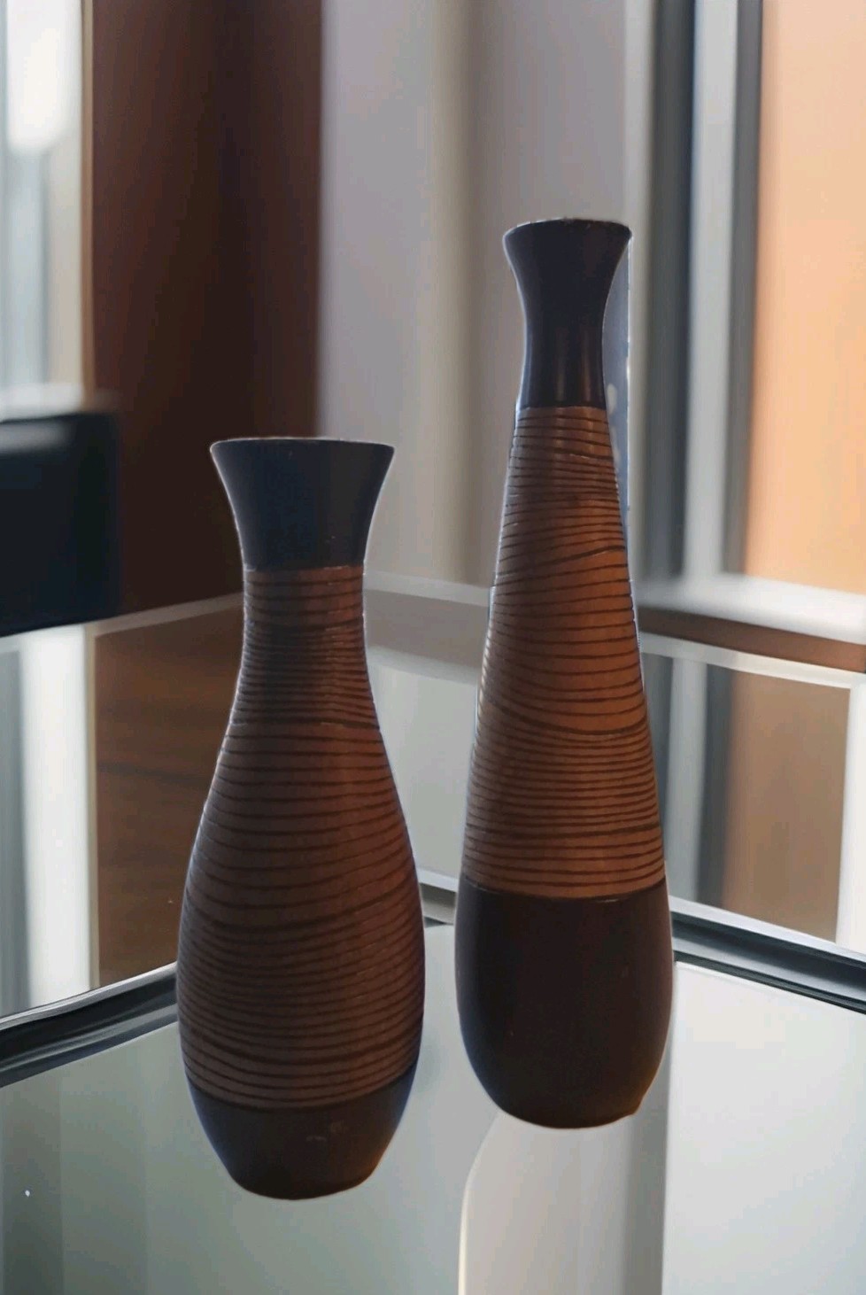 ANTIQUE Vintage Teak Wood  Garb Carved  Vase Set of 2  Great Find UNIQUE
