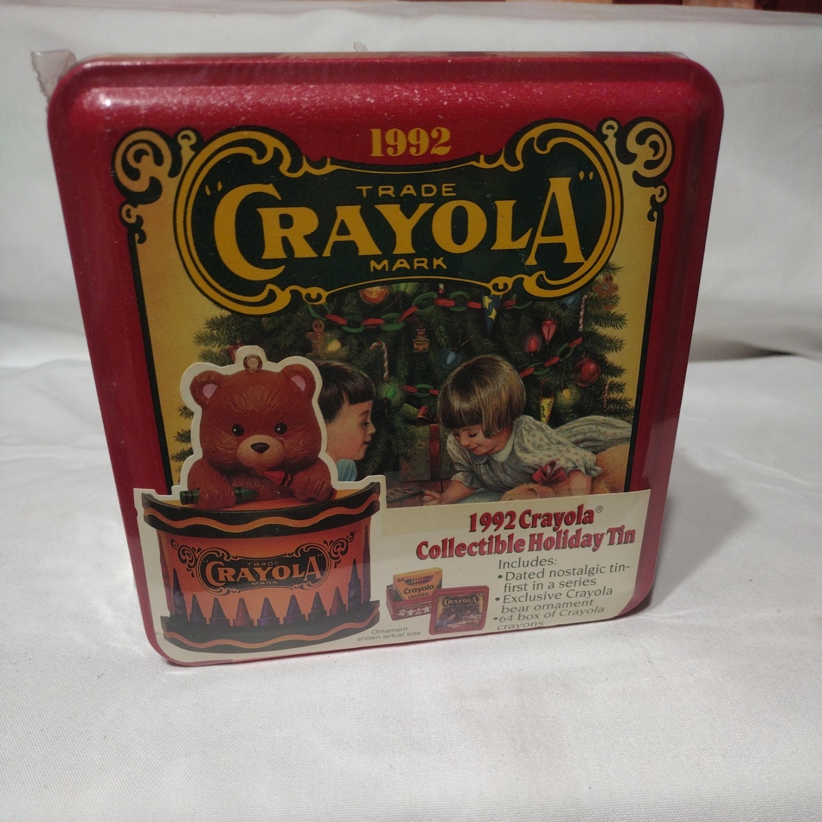 Vintage 1992 NEW Crayola Collectors Holiday Tin 64 Crayon Pack Ornament & More
