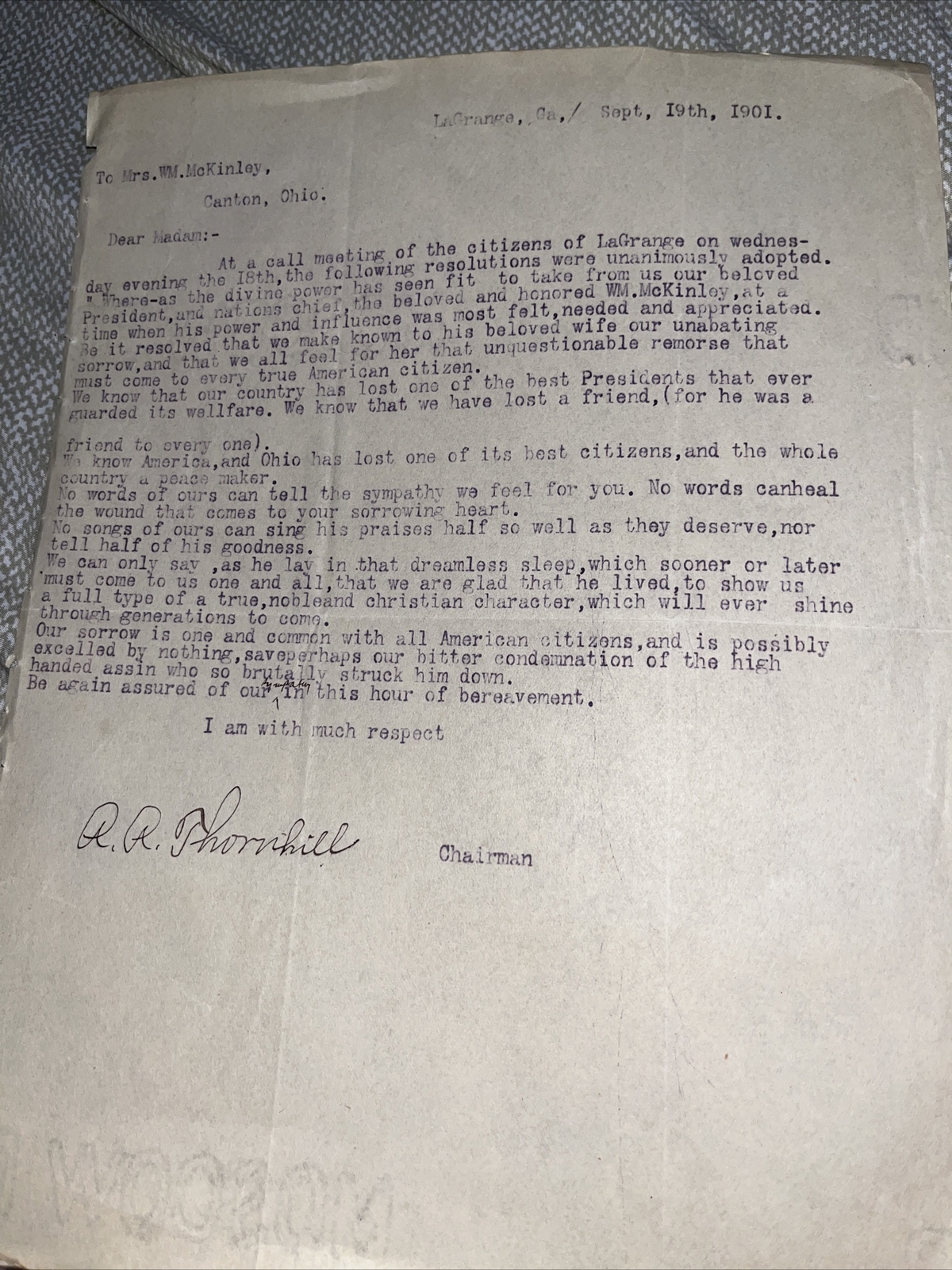 Antique LaGrange Georgia Citizen Resolution: President Wm McKinley Assassination