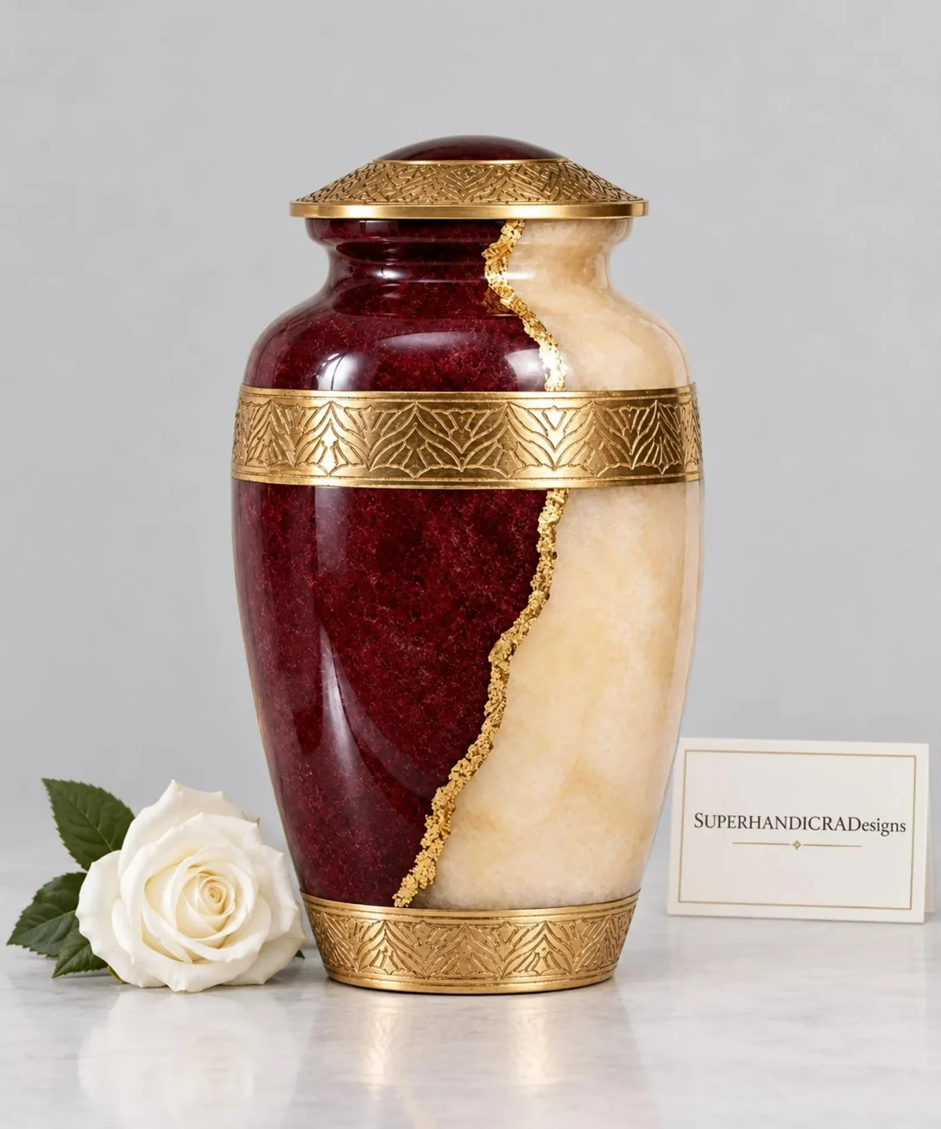 Golden Cremation Urn Golden  Detailing Urn 10 inch ship by fedex fast ship