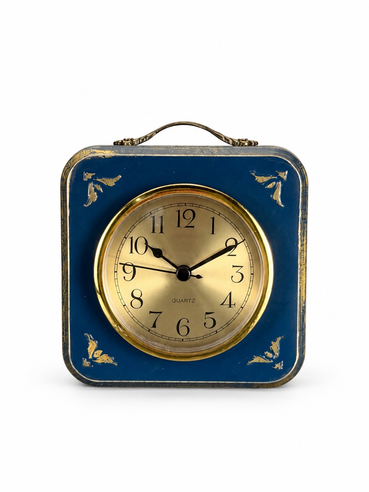Vintage Blue Wood Desk Clock Retro Mantel Table Clock Quartz Handmade Decor