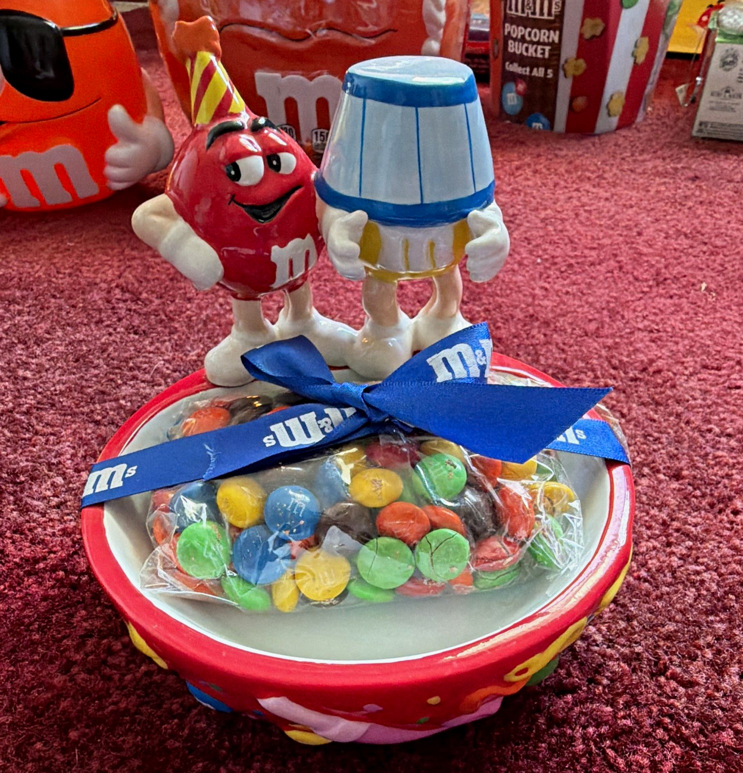 M&M’s Red & Yellow Character Candy Dish Bowl w/ Blue Ribbon 5 oz Candy 2001