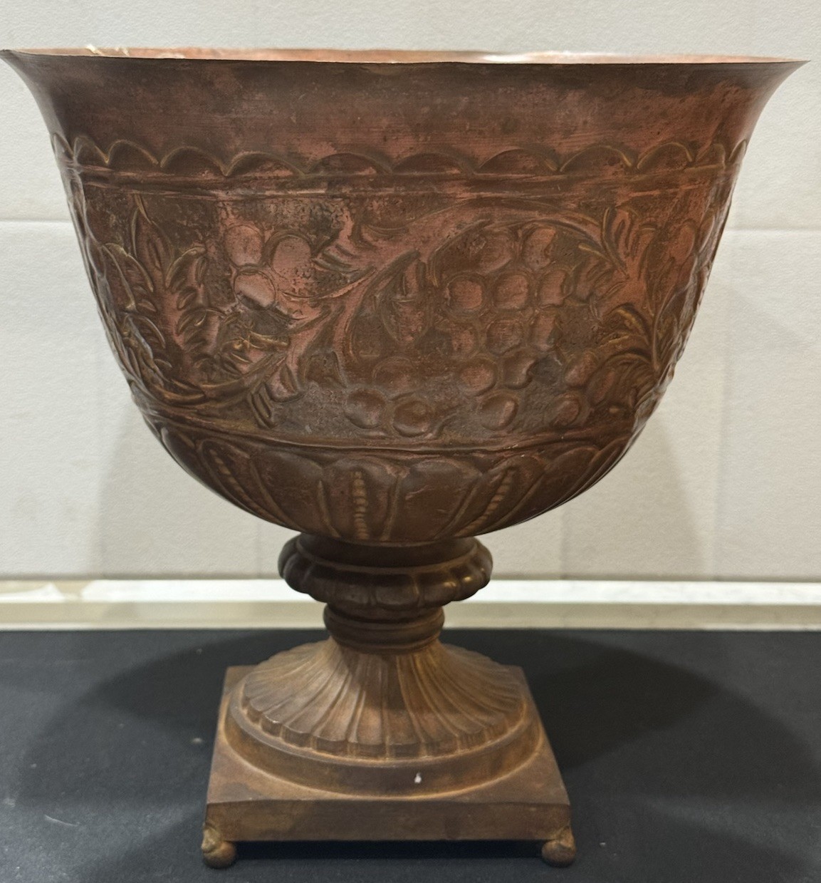 Vintage Embossed Copper Pedestal Bowl Planter Repouse’ Grape Cluster Motif 9.5”